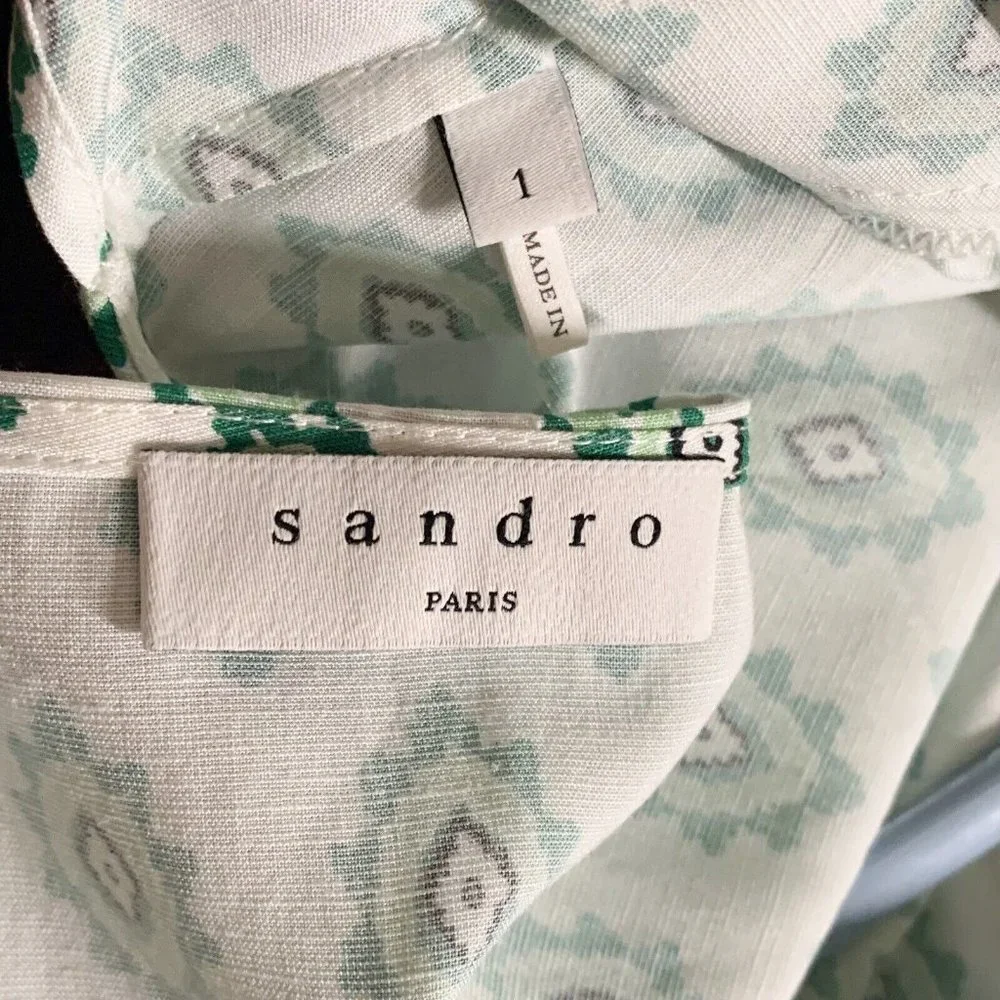 Sandro Namal Printed Crop Top 1 Small Waist Tie 3/4 Balloon Sleeve White Green - Picture 6 of 7